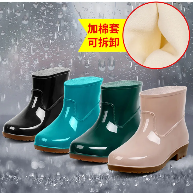 Ankle Rain Boots Women Rubber Shoes Men Bottine Femme Slip on Shoes Winter Plus Cotton Couple Rain Boots Waterproof Work Boots