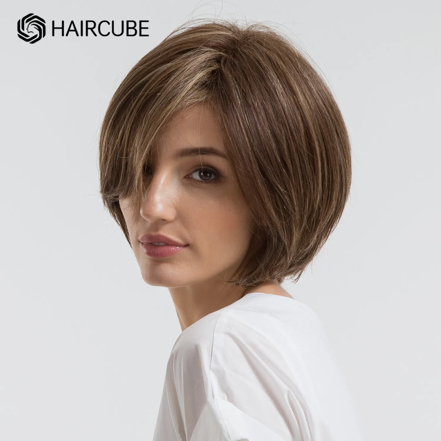 Haircube-perucas sintéticas curtas marrons com franja para mulheres, perucas retas de alta temperatura, 30 cabelos humanos, mistura