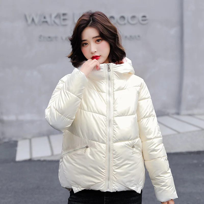 Women Glossy Hooded Winter Short Jacket Casual Cotton Padded Parkas for Female Plus Size Thick Warm Zipper Bubble Coat Outwear