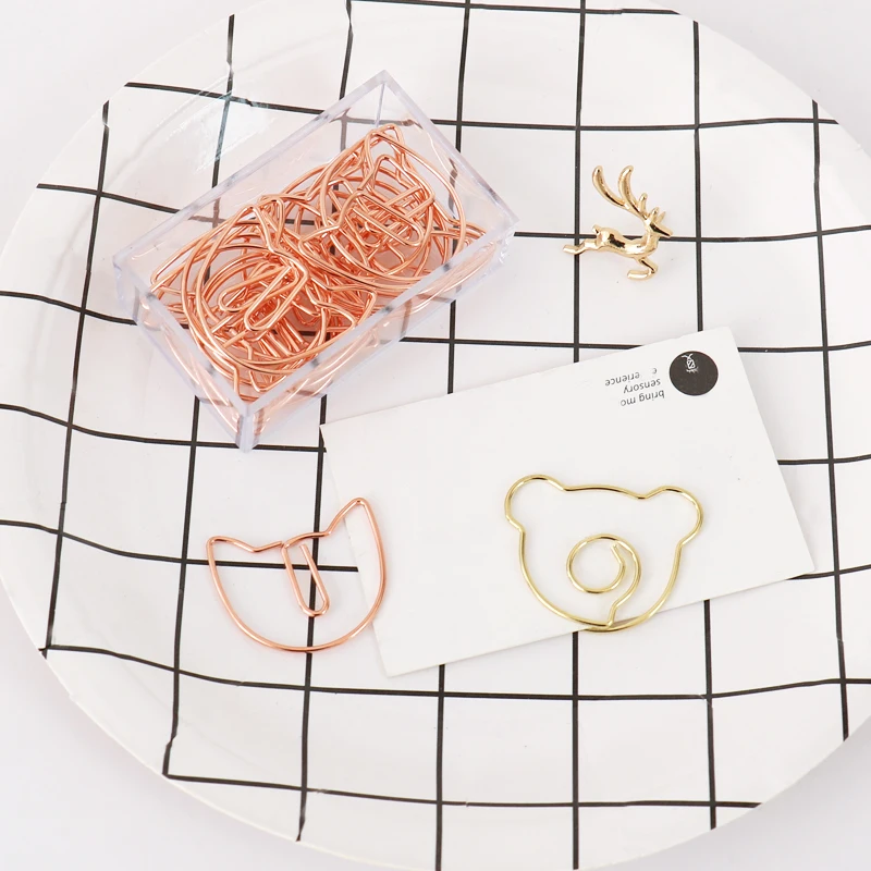 TUTU 20Pcs/lot rose gold cat  Bookmark bear Paper Clip Metal Material Bookmarks for Book Stationery School Office Supplies H0343