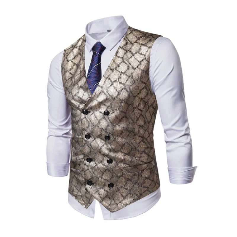 Mens Fashion Golden Silver Printed Slim Fit Vest Business Man Double Breasted Sleeveless Waistcoat V Neck Night Club Suit Vests