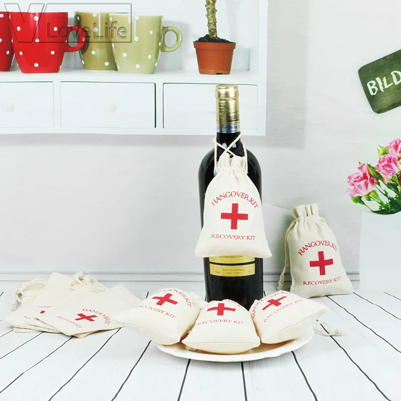 20/50pcs Wedding Favor Holder Bag Hangover Kit Bags for Guests Gift Red Cross Cotton Linen Pouches Festival Event Party Supplies