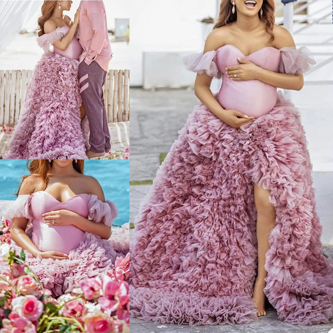 

Summer Tulle Maternity Robe For Photo Shoot Custom Made Off Shoulder Lace Tiered Ruffled Tulle Maternity Dresses Maternity Gowns