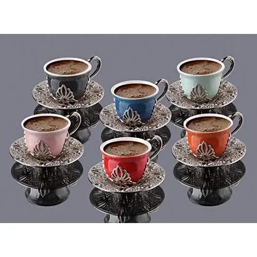 LaModaHome Espresso Coffee Cups with Saucers Set of 6, Porcelain Turkish Arabic Greek Coffee Cup and Saucer, coffee Cup for Wome