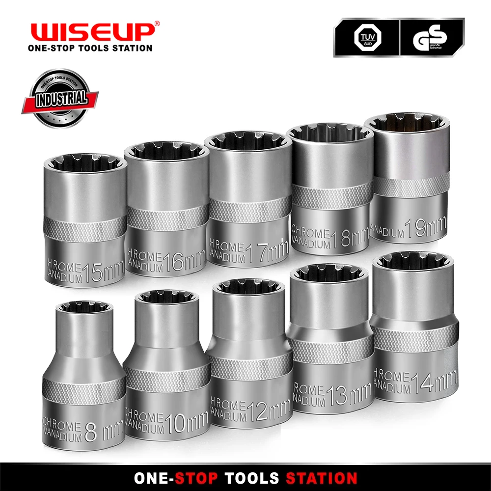 

WISEUP 10Pcs 1/2" Drive Universal Spline Socket Set 12-Point Cr-V Socket For Car Repair Hand Tool Kits Metric 8-19mm