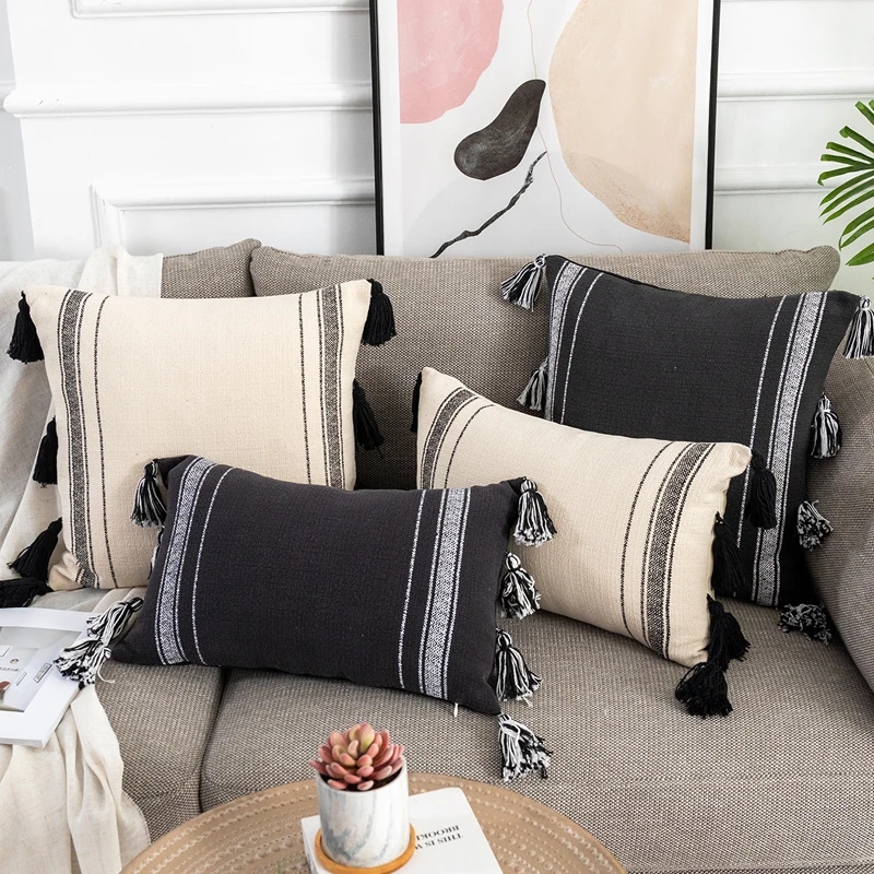 

Boho Style Cushion Cover 45x45Cm Handmade Tassel Cream-colored Black Luxury Pillowcase 30X50Cm for Home Decoration Sofa Bed