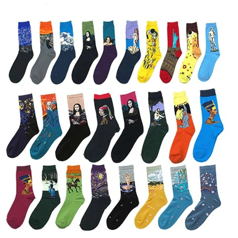 Nouveauté 1 paire hommes chaussettes nouveau hiver nuit étoilée Art monde célèbre peinture à l'huile coton chaussettes drôle nouveauté heureux chaussettes