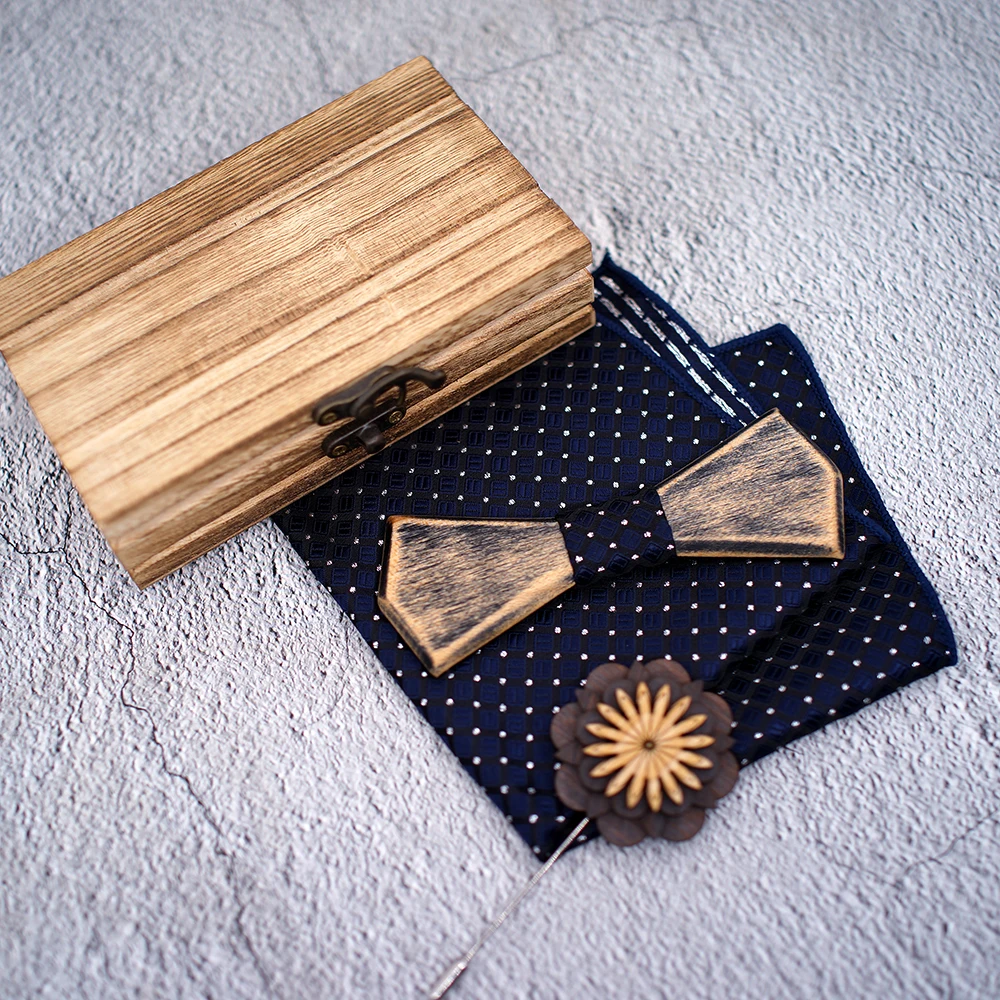 Old colored Vantage Wooden Hollow Wood Bow Ties Bowtie With Pocket Square Brooch For Men Christmas Gift Set With Box Ties