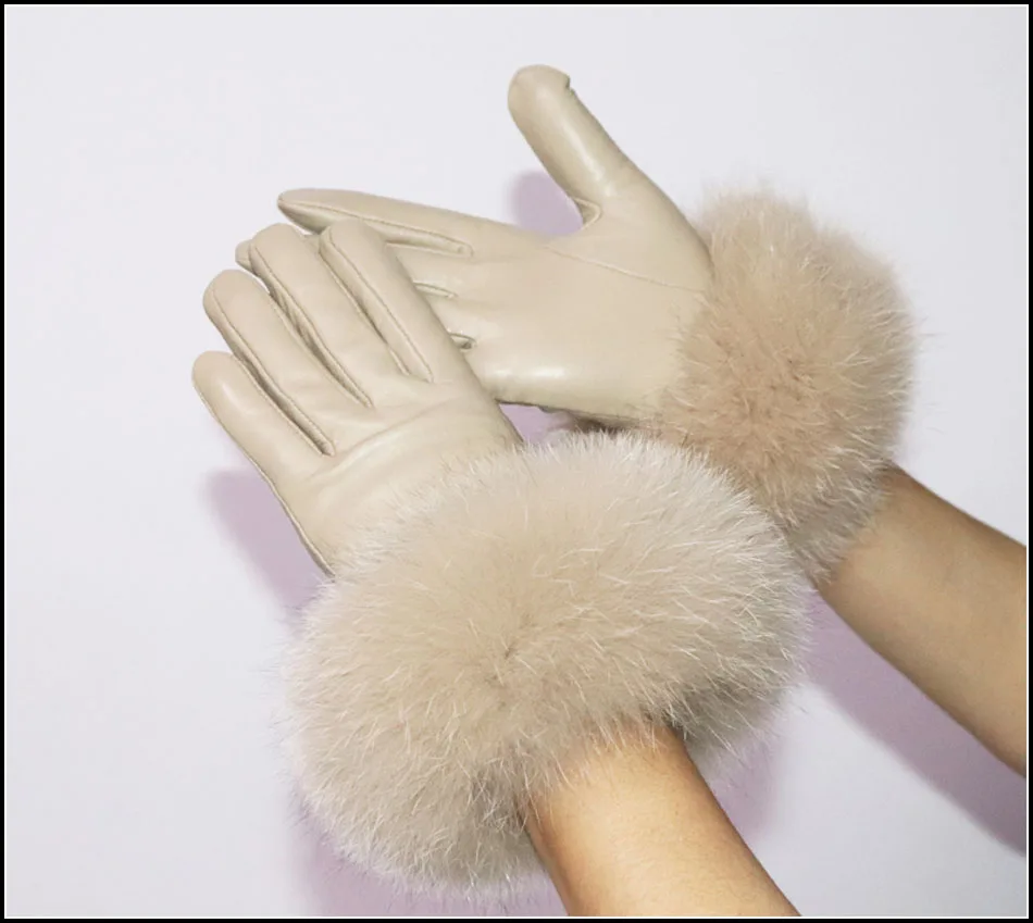 High-end Women\'s Colored Fox Fur Gloves Touch Screen Natural Leather Sheepskin Cycling Driving Winter Warm Plush Thick Mink Fur