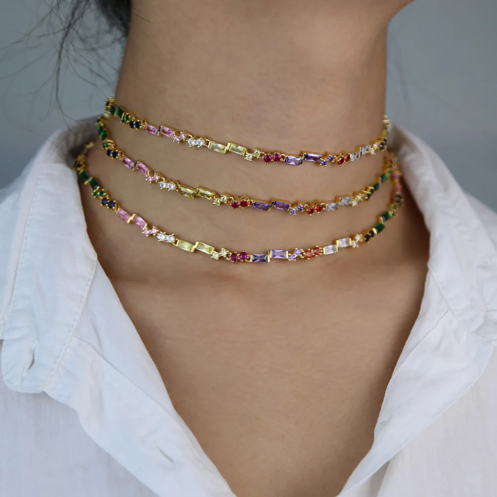 rainbow cz choker necklace gold color adjusted box chain multi layer 2020 new fashion collar chain