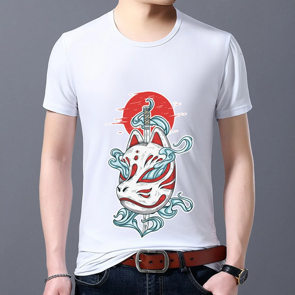 

Men's T-shirt Funny Classic White Top Student Slim Short Sleeve Firefox Mask Print Commuter Breathable Wild Male Youth T-shirt