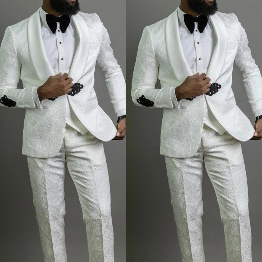 

White Ivory Foral Pattern Groom Wedding Tuxedos Unique Mens Party Prom Pants Suits Coat Vest Business Wear Outfit 3 Pieces