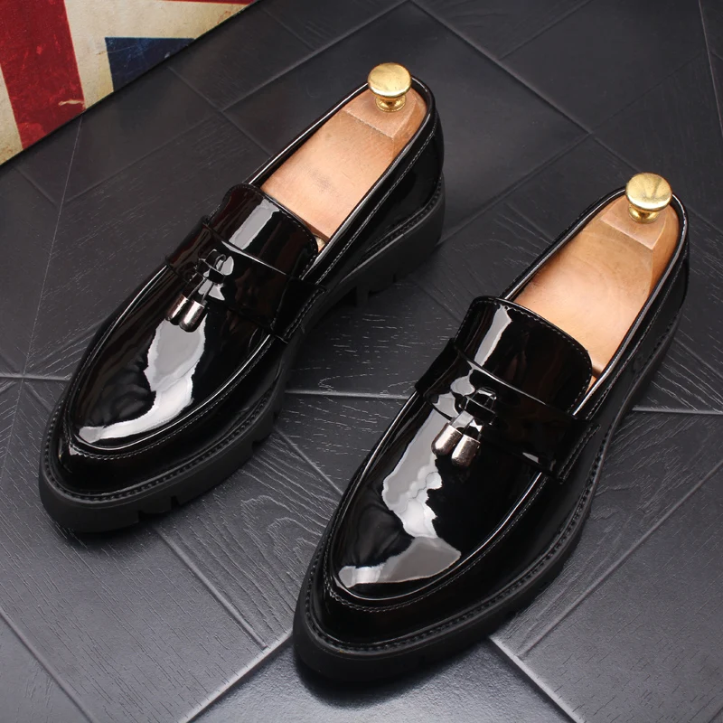 

men fashion wedding party dresses black bright patent leather tassel shoes platform oxfords shoe gentleman loafer zapatos male