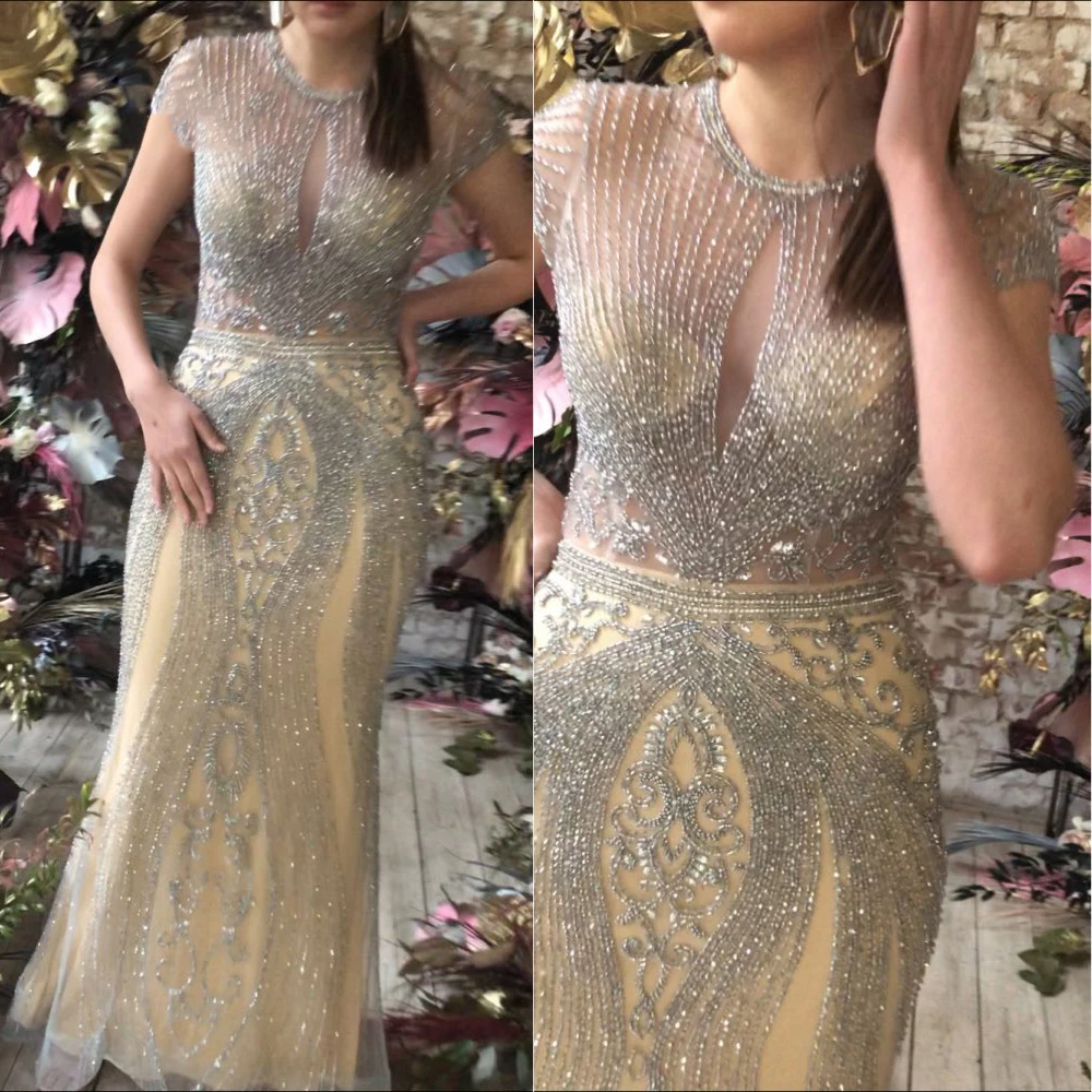 Luxury Mermaid Evening Dresses For Women Eegant Long Beaded Crystal Short Sleeve Prom Gowns Robe De Soiree Fomal Dress Longo