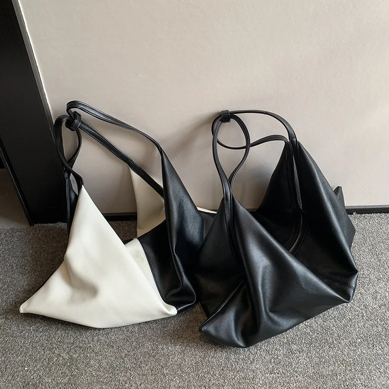 Simple Large-Capacity Black White Splicing Soft PU Leather Big Size Shoulder Roomy Tote Bag Daily Pouch Shopper Hobo Female Huge