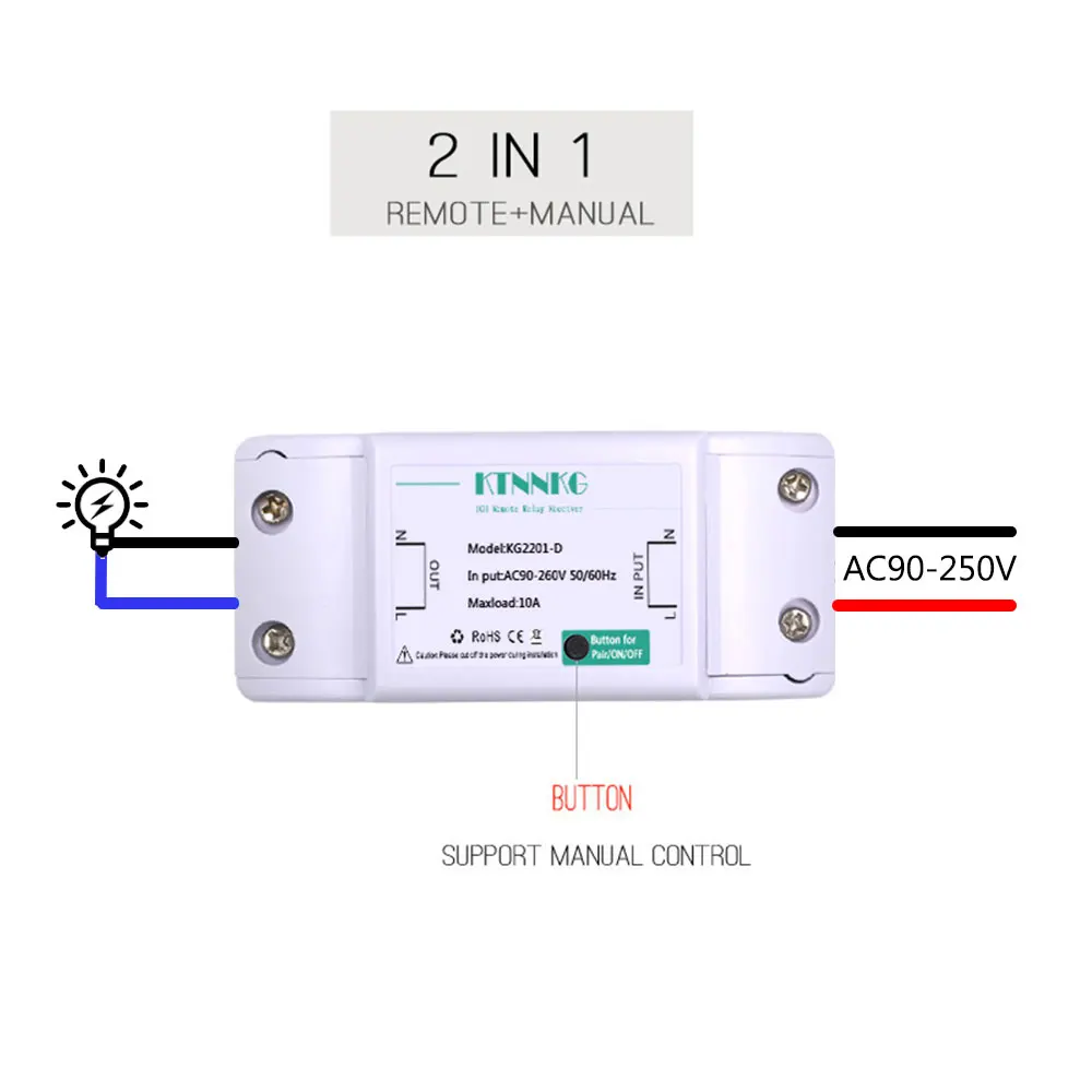 KTNNKG 433Mhz wireless Wall Switch rf 86 wall panel transmitter Safety Switch and AC 110V 220V relay interruptor for Light Lamp
