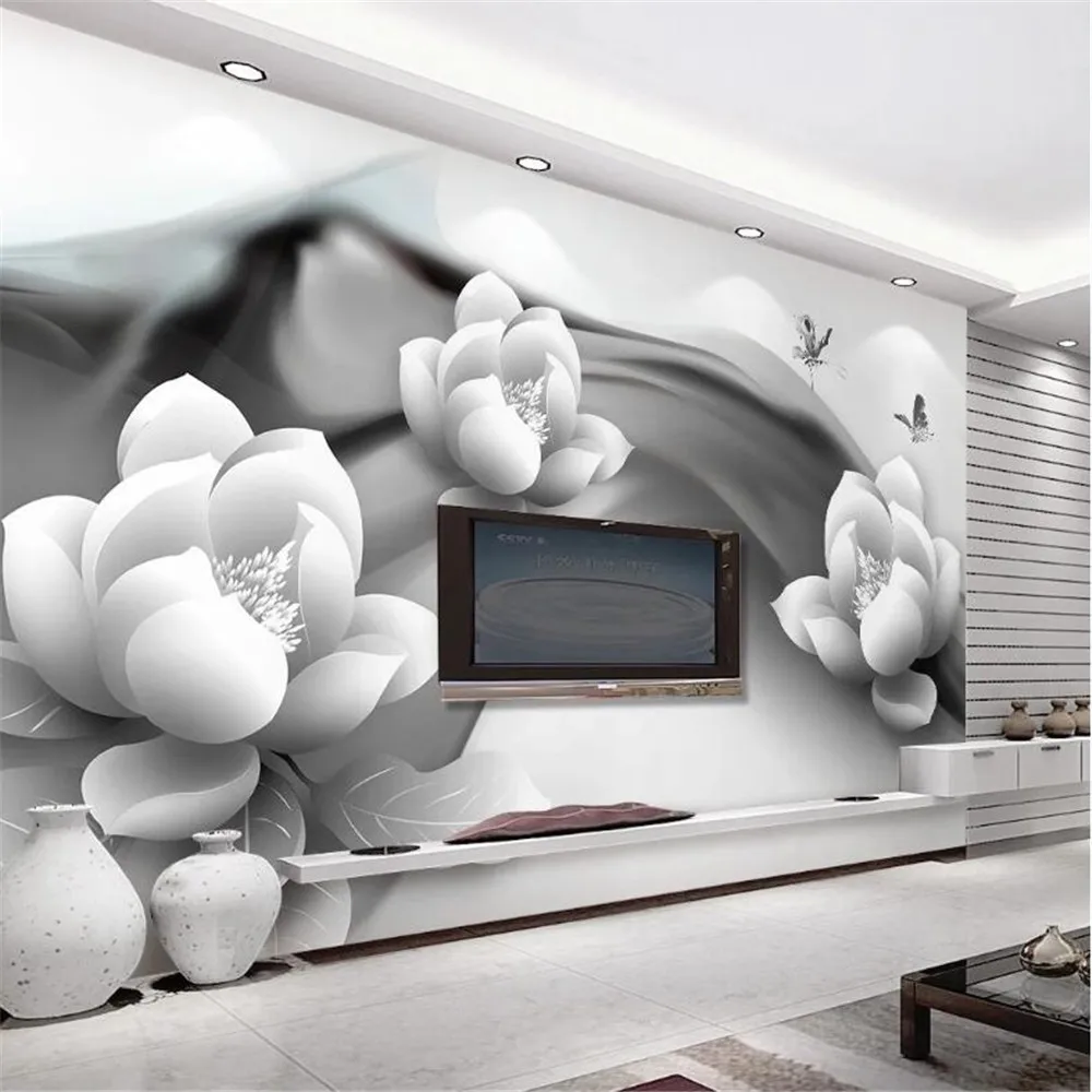 

Milofi custom large-scale wall painting black and white ink lotus butterfly simple 3d TV background wall paper wall cloth