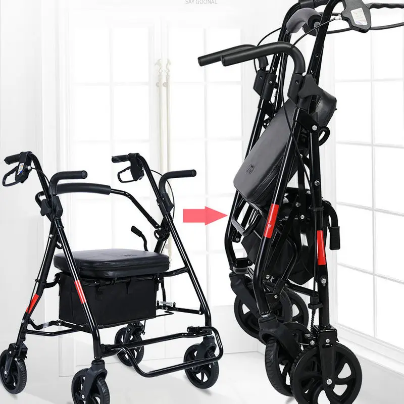 Four-Wheeled Folding Mobility Trolley, Elderly Grocery Shopping Cart, Seniors Roller Walker Can Load 220LBS