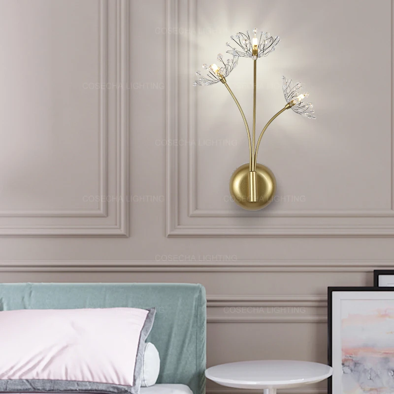 crystal wall lamps nordic gold bedside wall lights luxury loft bedside wall sconce japanese art deco flower dandelion wall light