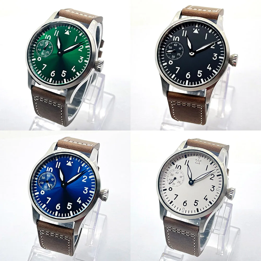 Steel Case 42mm Sterile Sapphire Crystal Black White Blue Green Dial 6497 Manual Winding Men\'s Watch Leather Strap ST36