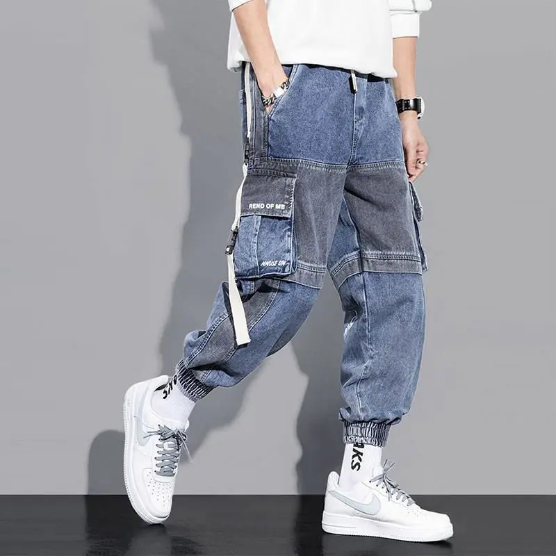 New Stitching Cargo Jeans Men's Japanese Casual Trousers Washed Loose Hip Hop Ankle Banded Harem Pants Vintage Men Denim Jeans