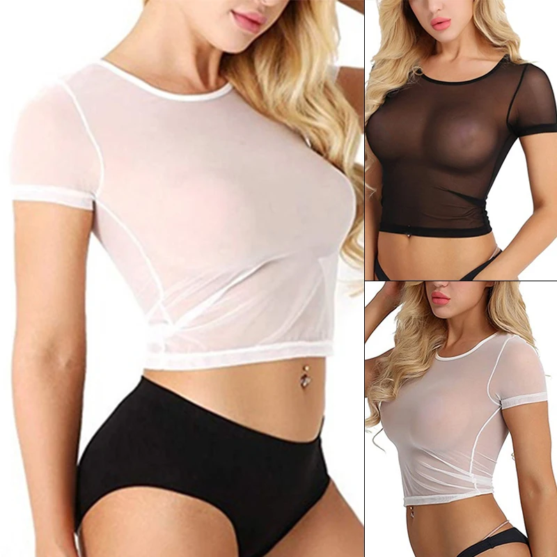 Summer Women Sheer Top Sexy Mesh Transparent T-shirt Solid Color Tight Aesthetic See Through Ladies Temptation Elastic Soft Tops