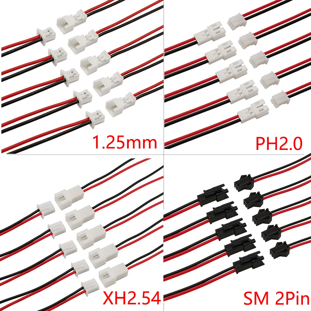 2/5/10 par Micro 2 Pin JST 1,25 mm / PH 2,0 / XH 2,54 / SM 2P Wtyczka męska Złącze żeńskie z przewodami