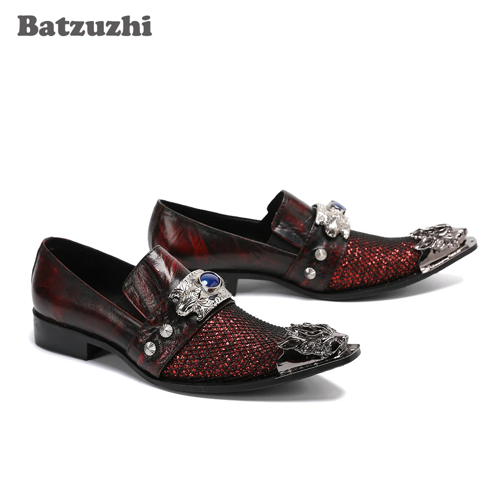 Batzuzhi British Type Men's Shoes Luxury Handmade Shiny Red Leather Dress Shoes Men Pointed Metal Tip Party and Wedding Shoes!