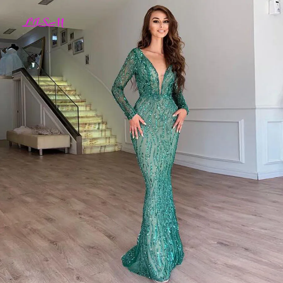 Sparkle Emerald Green Mermaid Evening Dresses Full Sleeves Sequined Beaded Lace Long Evening Gowns V-Neck Formal Dresses