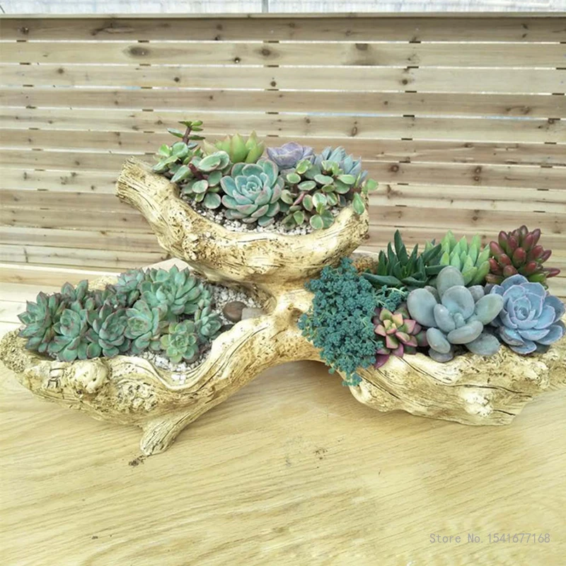 Resin flower pots, Wood roots and piles, succulent flower pots, balcony garden art and craft decoration