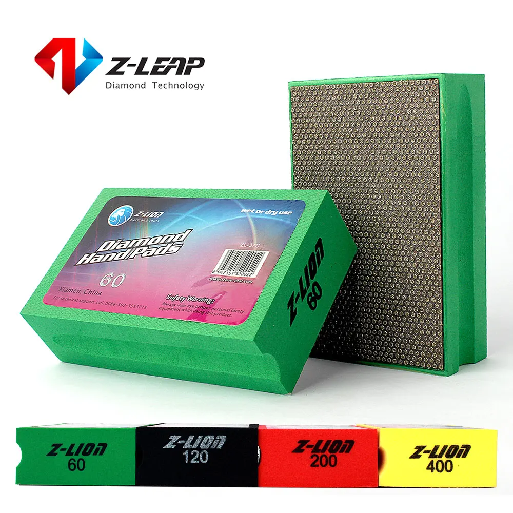 Z-LEAP 60/120/200/400 Diamond Hand Polishing Pad Sanding Grinding For Glass Stone Marble 95x55mm Foam Backed