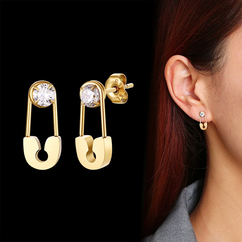 Gold Color Safety Pin With CZ Stud Earrings Stainless Steel Women Earrings