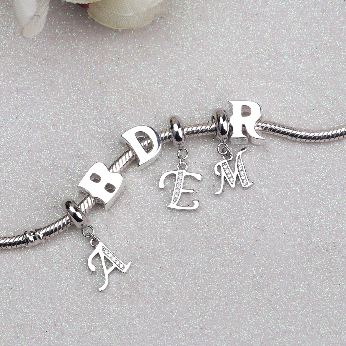 Authentic 925 Sterling Silver Charm Bead Vintage A-Z Letter Alphabet Dangle Charms Fit Pan Brand Original Bracelet Fine Jewelry