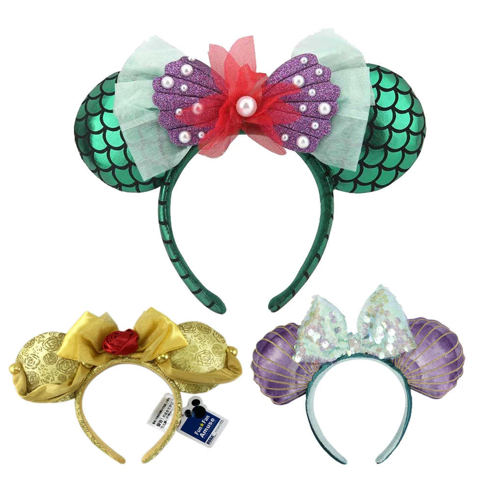 Disney lazos grandes sirena princesa Minnie diadema con orejas lazos de lentejuelas disfraz diadema Cosplay felpa diadema para adultos/niños regalo