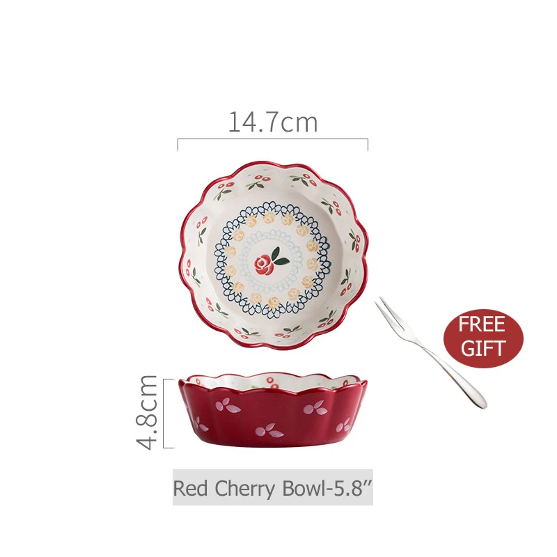 1pc Red Cherry Design Bowl Ceramic Salad Bowl Pasta Oatmeal Bowl Pudding Backing Bowl Microwave Safe Dinnerware