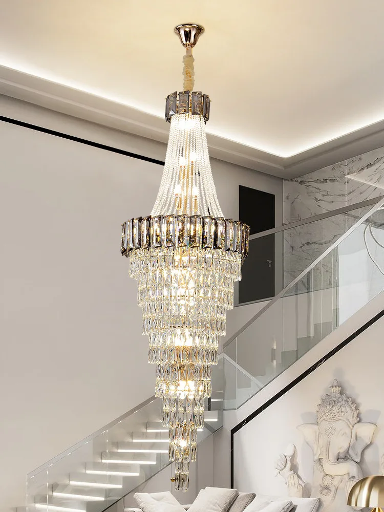 

Large Modern Crystal Chandelier For Staircase Luxury Amber Smoky Gray Home Decor Hanging Light Fixture Long Hall Lobby Led Lamp