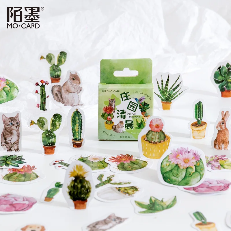 Mengtai 46pcs Green plant cactus Kawaii Decoration Stickers Planner Scrapbooking Stationery Korean Diary Cute Cat dog Stickers