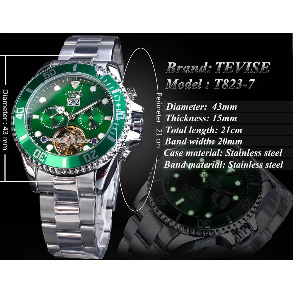 TEVISE 2020 Design Green Bezel Tourbillion Design Men Mechanical Automatic Sport Business Wristwatch Top Brand Luxury Male Clcok