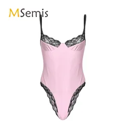 Mens Lace Trimming Bodycon Bodysuit Gay Jockstrap Lingerie Sissy Teddies Spaghetti Strap Sleeveless Unlined Wireless Bra Catsuit