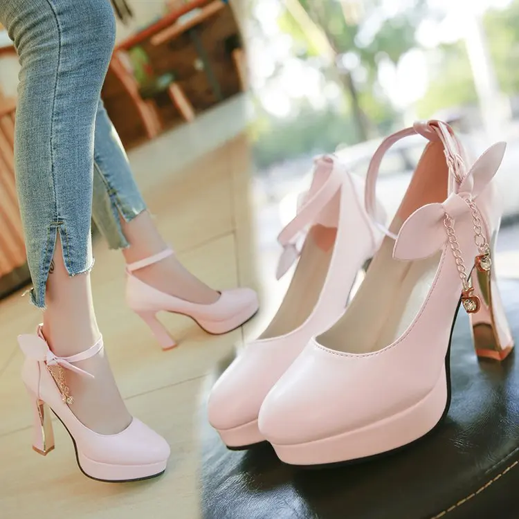 Thick platform high heels lolita shoes bow female shoe heels women\'s shoes heel thick crust Pink female shoes woman party