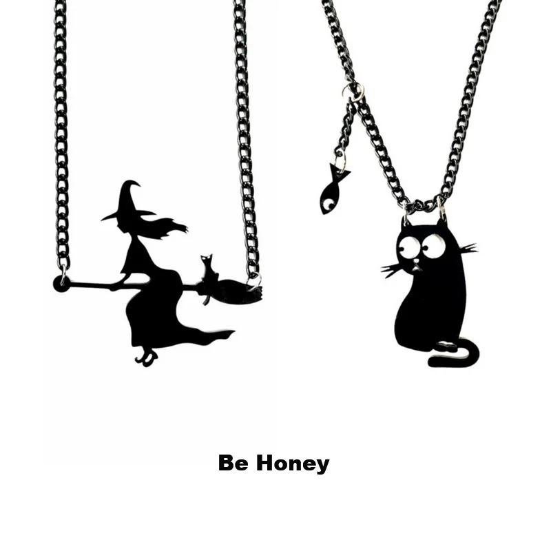 Black Witch and Greedy Cat Fashion Halloween Theme Pendant Necklace