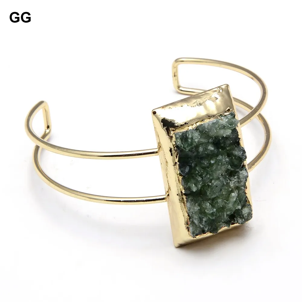 

GG Natural Green Grenadine Rutilated Quartz Gold Plated Bangle Green Garnet Bracelet Adjustable For Women Vintage Style