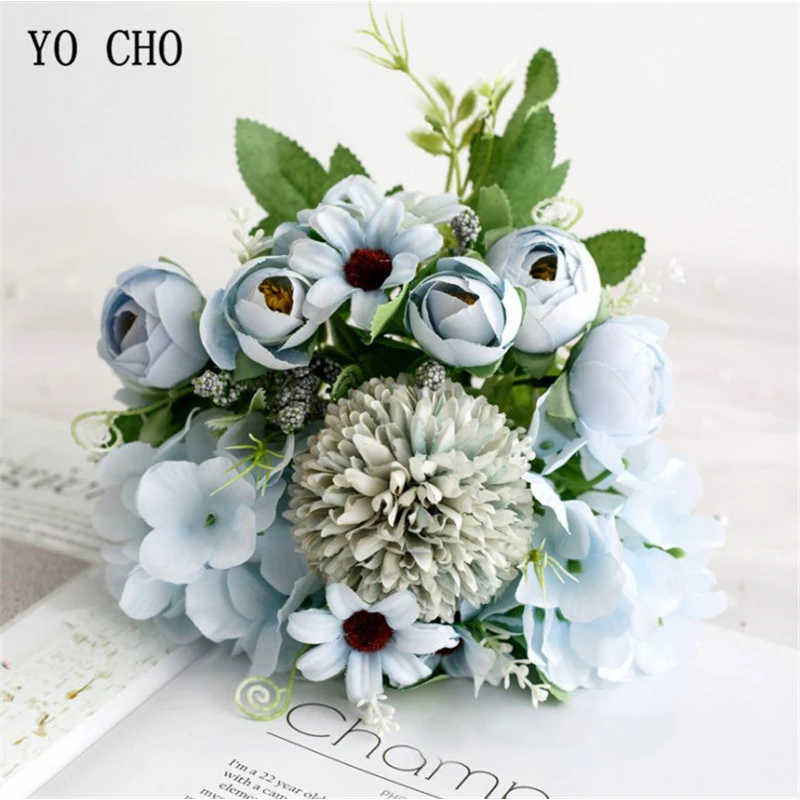 YO CHO Große Rosen Hortensien Künstliche Blumen für Hochzeit Bouquet Home Decoration Rose Seide Bouquet Gefälschte Blumen Kopf Plast Stem