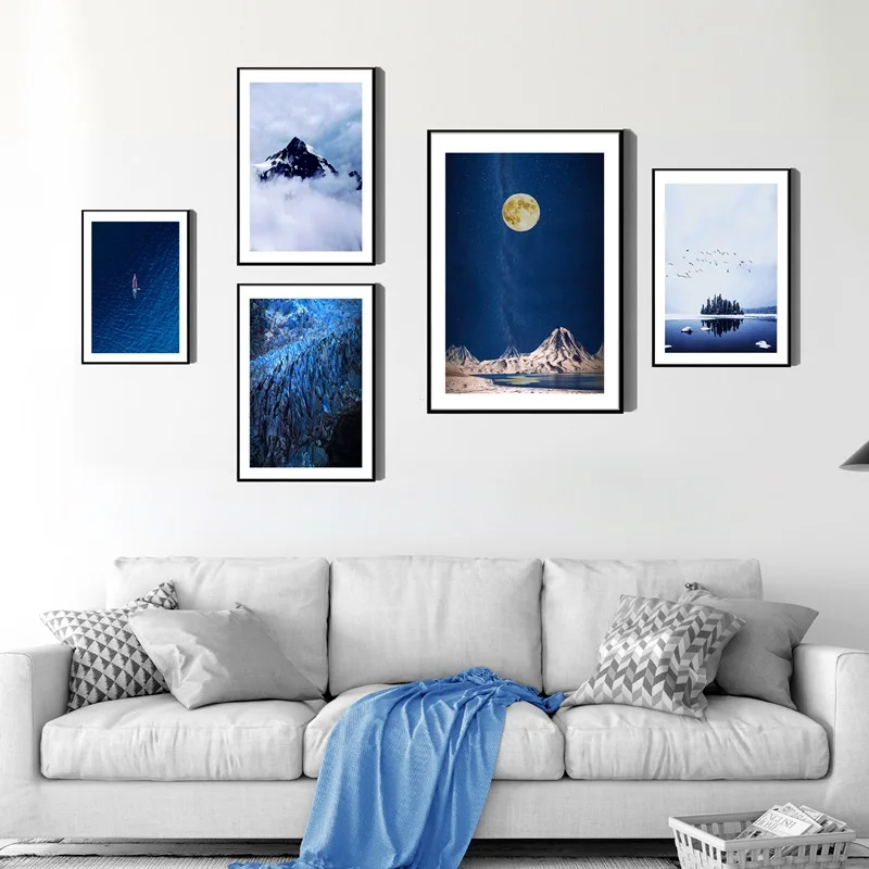 Nodic Dark Blue Forest Lake And Mountains In The Quite Night Canvas Landscape Painting Wall Art Poster Print Home Decoration