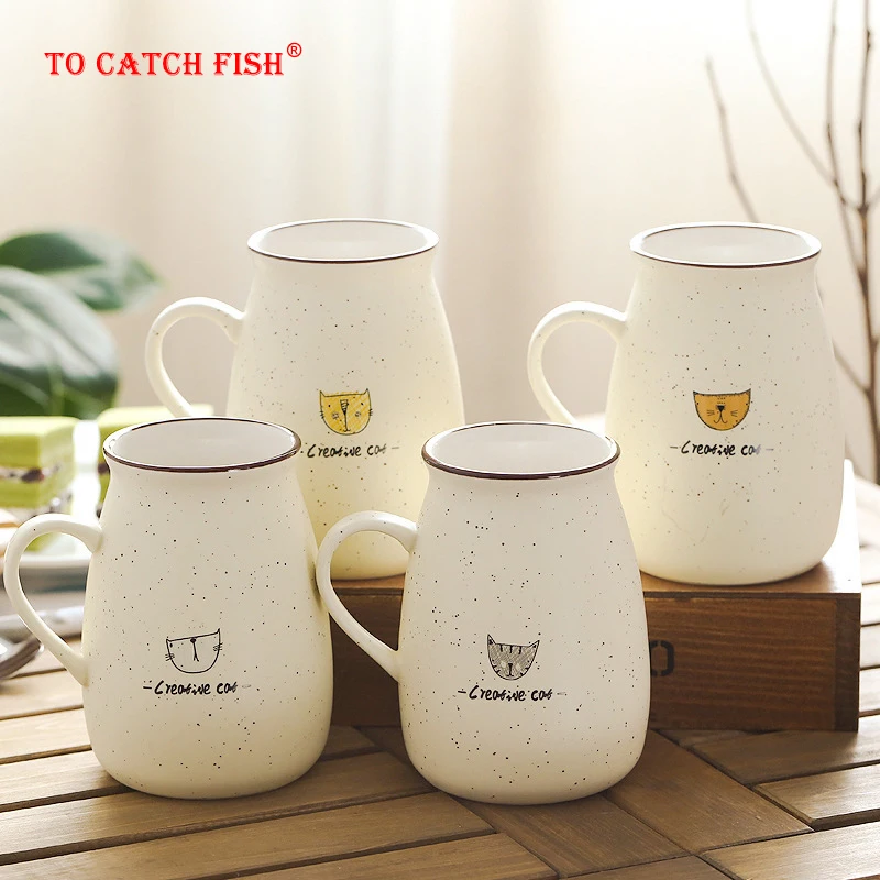 500ml Creative kitten mug,ceramic tea cups mugs with lid spoon,Unique cartoon couple Coffee mugs milk cup wholesale