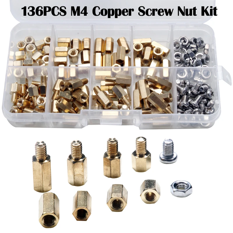 

136pcs M4 Hex copper column Brass Spacers Stainless Steel Nut & Screw Threaded Standoff kit Fasteners Assortment Set