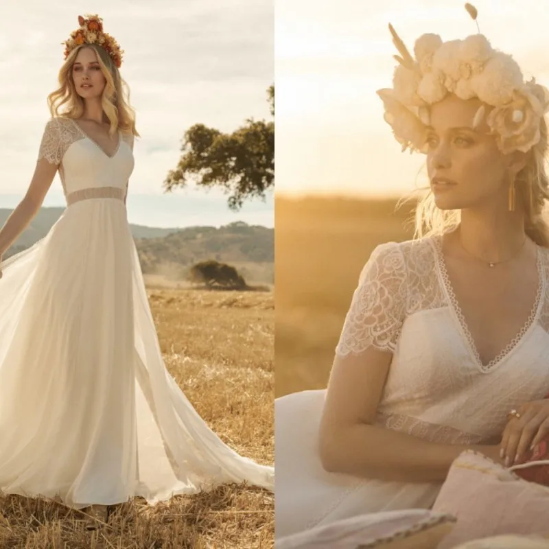 2020 boêmio vestidos de casamento com decote em v uma linha de renda appliqued boho vestido de casamento mangas tampado plus size vestidos de noiva