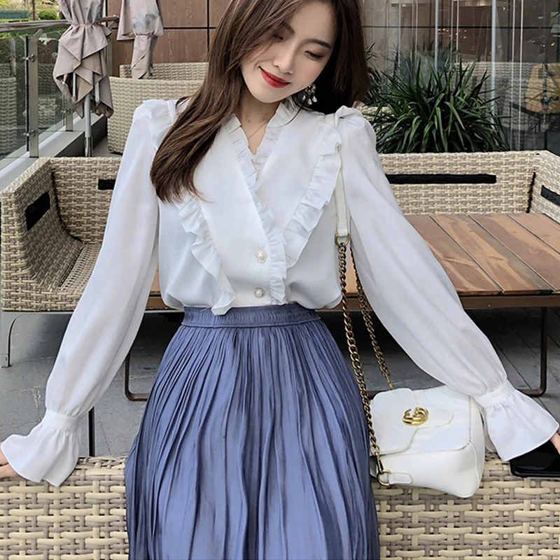 2023 Autumn Long-sleeved Elegant Chiffon Blouse Women Ruffled Solid Simple Shirt Women's Gentle Trumpet Sleeve Shirt Women 16272