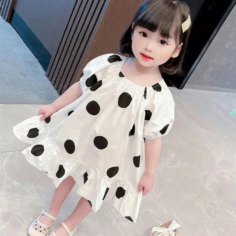 Gaun Motif Polkadot Bayi Perempuan Imut untuk Anak Perempuan Balita Gaun Busur Lengan Puff Pendek Musim Panas Baju Pesta Anak-anak