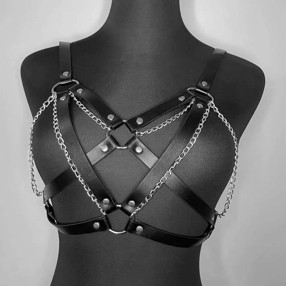 

Women Bondage Body Harness Lingerie Goth Crop Tops Leather Bra Cage BDSM Collar Harness Belt Chain Slave Sex Toys Stocking Belt